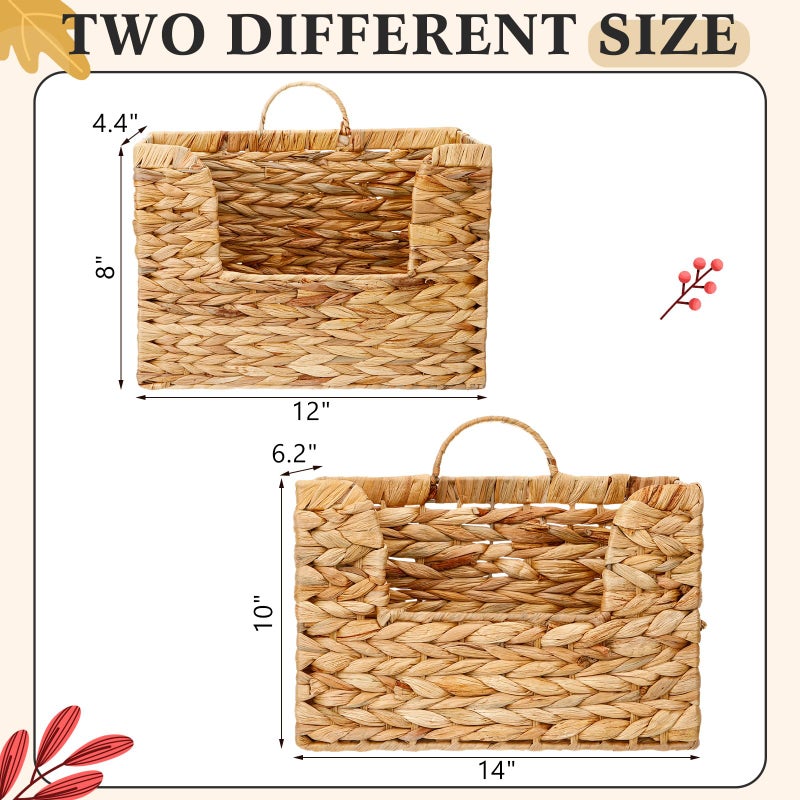 Dunzoom 2 Pcs 14" and 12" Woven Hanging Basket for Wall, Large Hanging Wall Basket, Water Hyacinth Storage Baskets with Handles File Organizer Magazine Holder for Home, Office, Farmhouse - Image 3