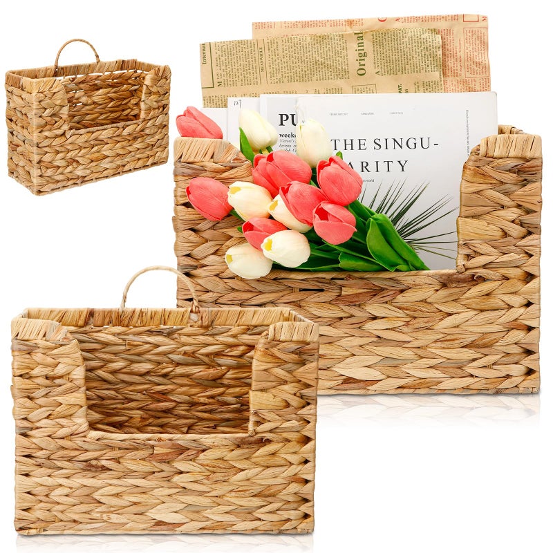 Dunzoom 2 Pcs 14" and 12" Woven Hanging Basket for Wall, Large Hanging Wall Basket, Water Hyacinth Storage Baskets with Handles File Organizer Magazine Holder for Home, Office, Farmhouse - Image 1