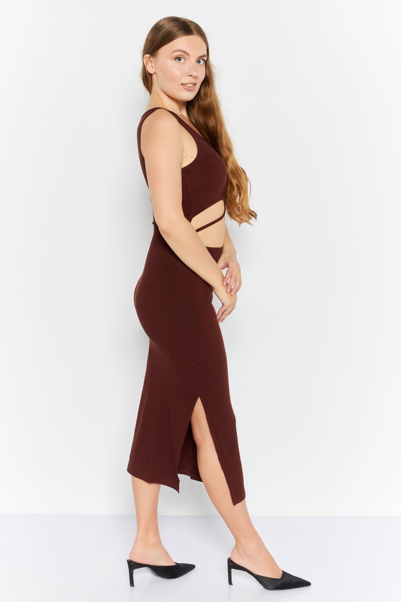 Endless Blu Women Ribbed Bodycon  Dress, Brown - Image 3