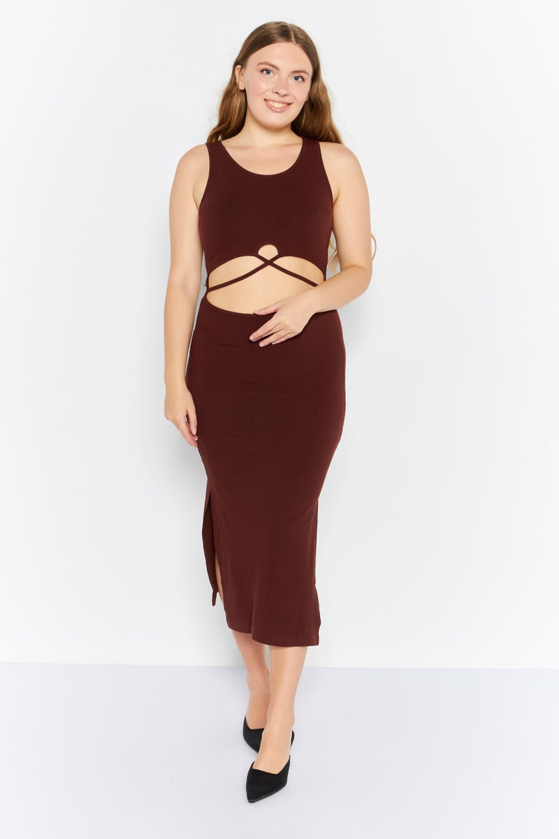 Endless Blu Women Ribbed Bodycon  Dress, Brown - Image 1