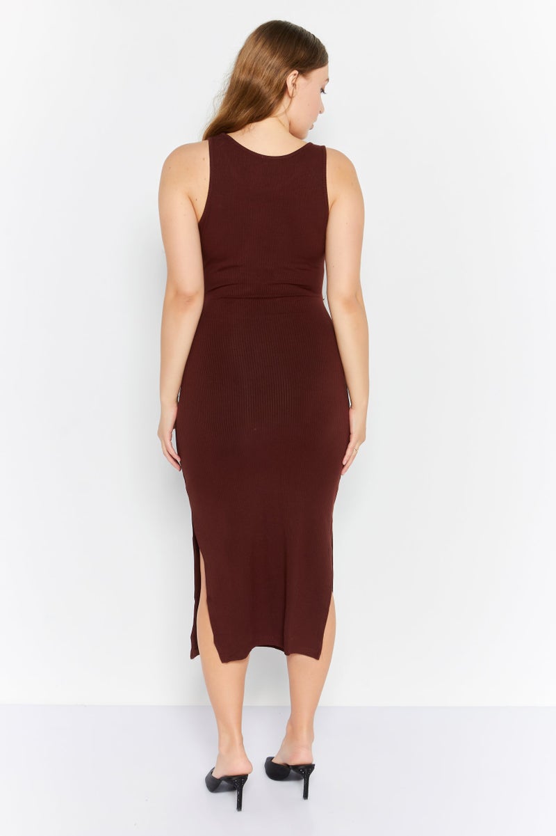 Endless Blu Women Ribbed Bodycon  Dress, Brown - Image 2