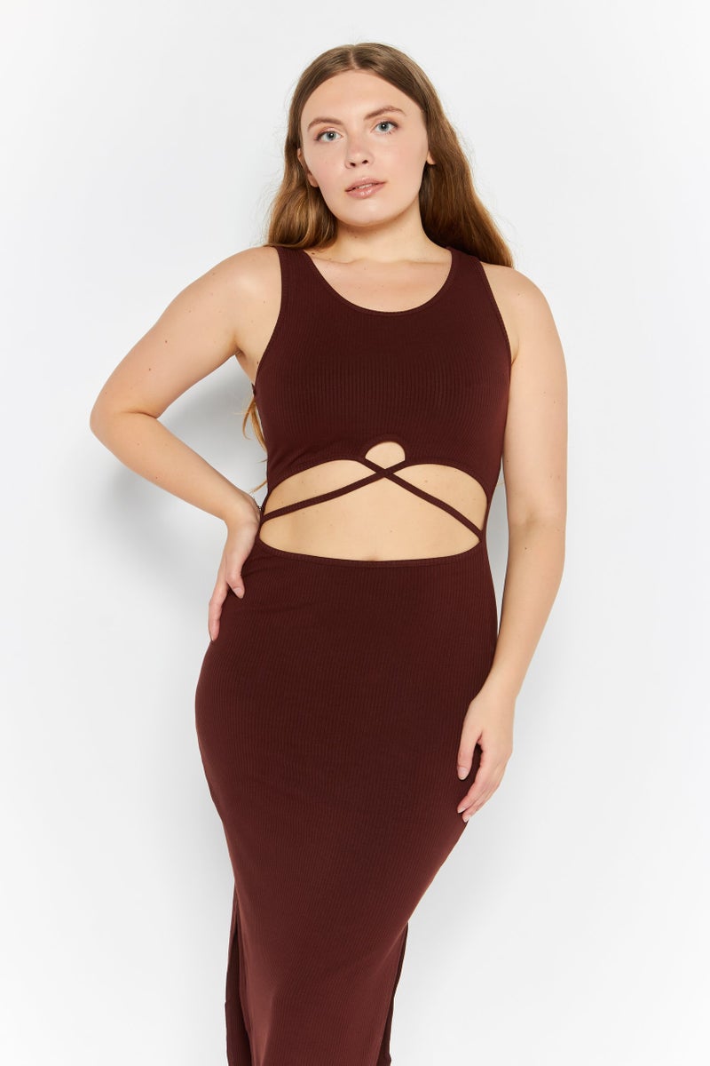 Endless Blu Women Ribbed Bodycon  Dress, Brown - Image 4