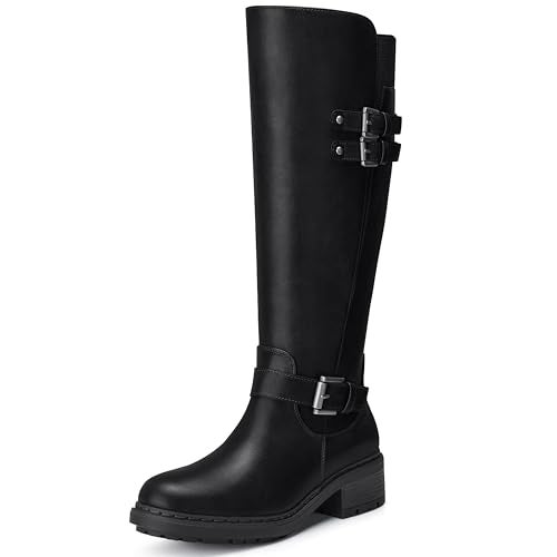 SHIBEVER Womens Knee High Boots Black Round Toe Side Zipper Motorcycle Riding Boots Low Block Heel Tall Fall Boots 2026 Size 8 - Image 1