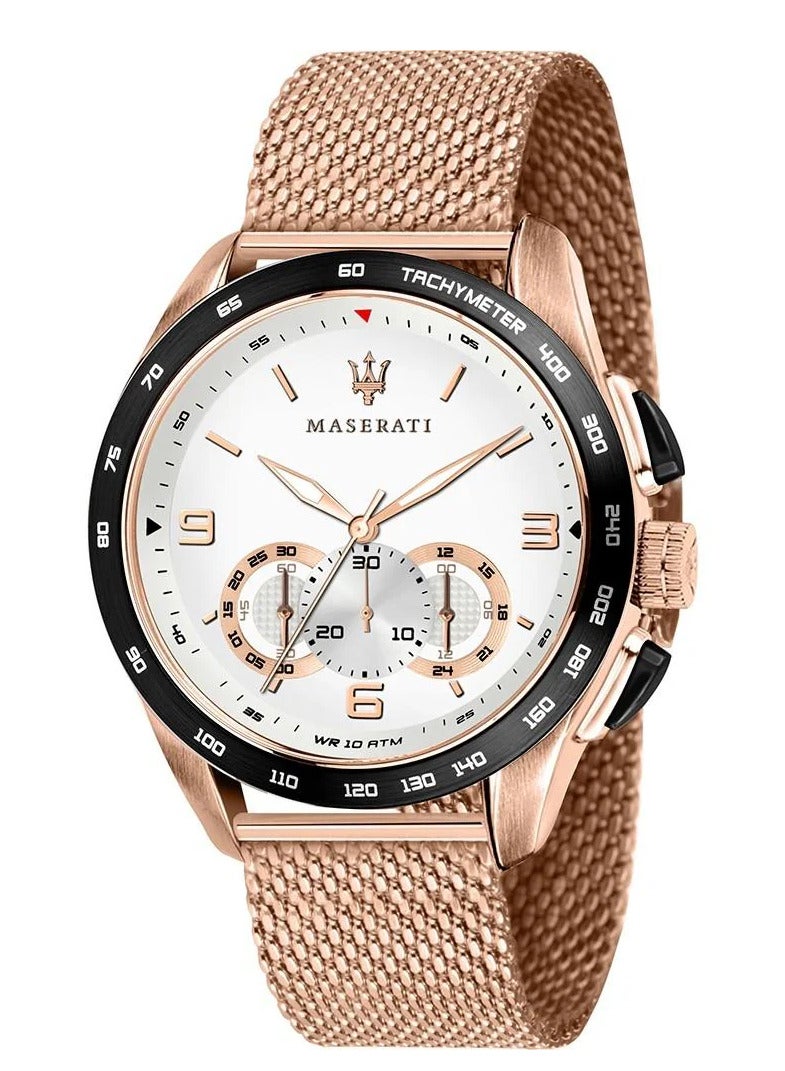 Maserati ساعة مازيراتي تراجاردو للرجال بمينا بيضاء وسوار من الكوارتز باللون الذهبي الوردي - R8873612011 - Image 1