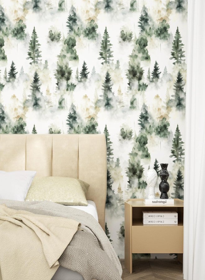 Fvlow Foggy Forest Wallpaper Peel and Stick 17.4" x 393" Misty Woodland Green/Yellow Trees Contact Paper Waterproof Self-Adhesive Wall Paper for Bedroom Countertop Desk Cabinets Decor Renter Friendly - Image 5