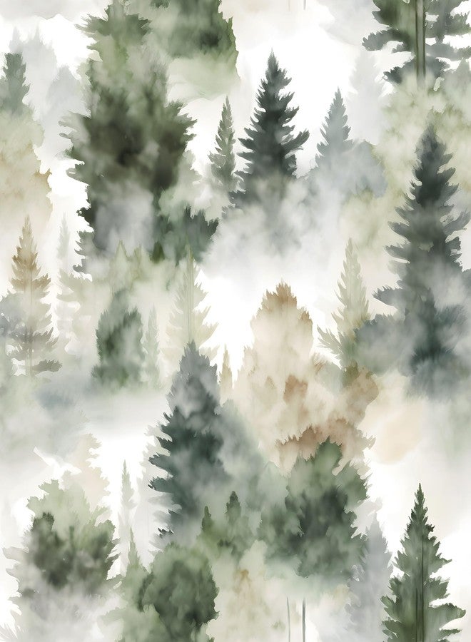 Fvlow Foggy Forest Wallpaper Peel and Stick 17.4" x 393" Misty Woodland Green/Yellow Trees Contact Paper Waterproof Self-Adhesive Wall Paper for Bedroom Countertop Desk Cabinets Decor Renter Friendly - Image 1