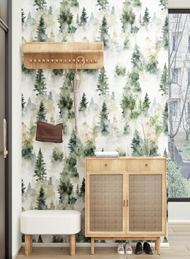 Fvlow Foggy Forest Wallpaper Peel and Stick 17.4" x 393" Misty Woodland Green/Yellow Trees Contact Paper Waterproof Self-Adhesive Wall Paper for Bedroom Countertop Desk Cabinets Decor Renter Friendly - Image 4