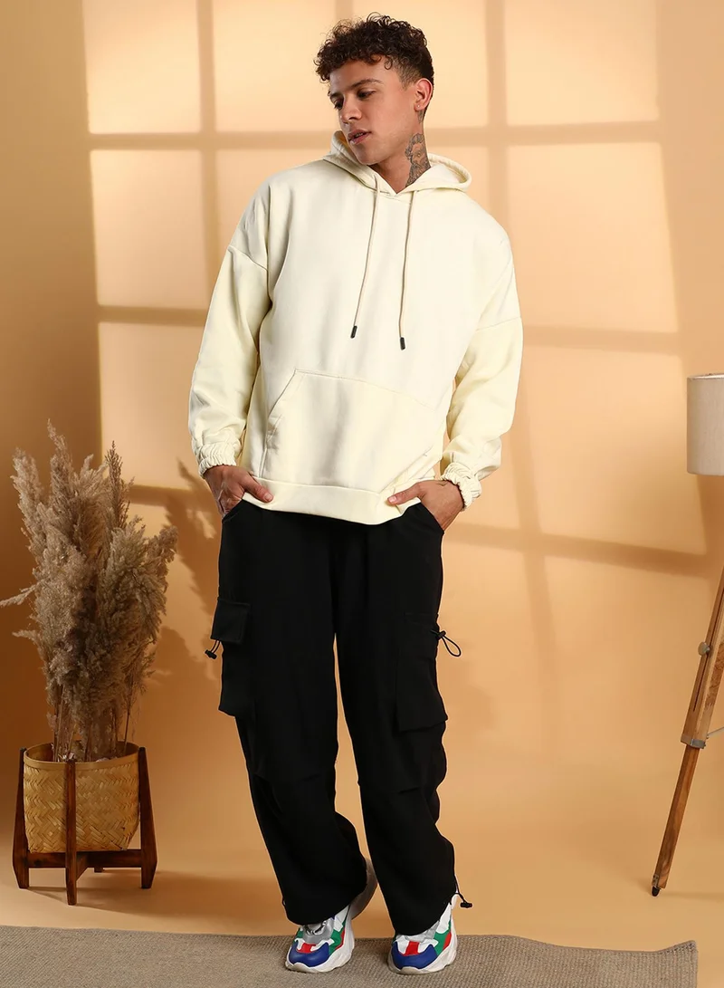 كامبوس سوترا Men's Light Yellow Oversized Pullover Sweatshirt With Kangaroo Pocket