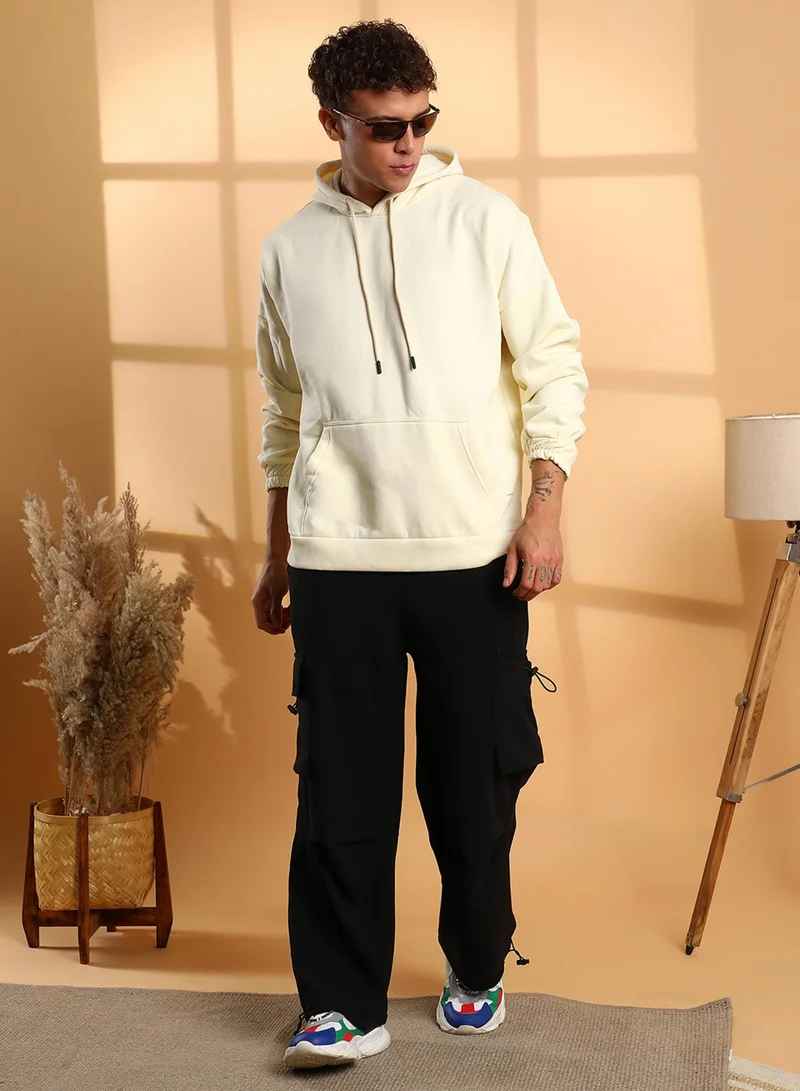 كامبوس سوترا Men's Light Yellow Oversized Pullover Sweatshirt With Kangaroo Pocket