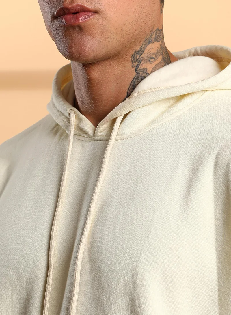 كامبوس سوترا Men's Light Yellow Oversized Pullover Sweatshirt With Kangaroo Pocket
