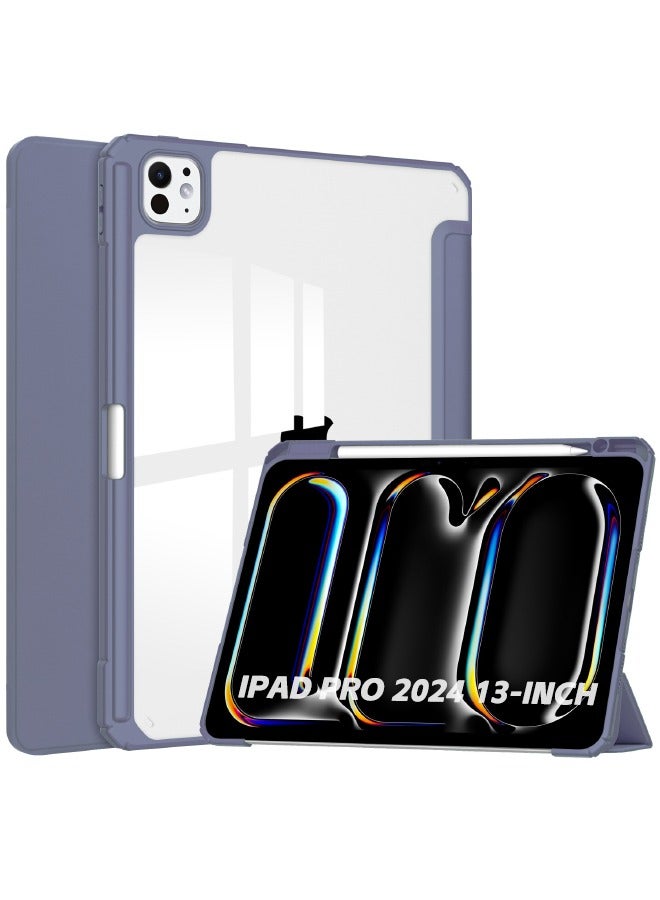 Hybrid Slim Case for iPad Pro (7th Generation) 13-Inch (M4) 2024, Trifold Stand Tablet Case with Apple Pencil Holder, Auto Wake Sleep, Smart Magnetic Cover Clear Acrylic Back Shockproof Cover, Purple - Image 1