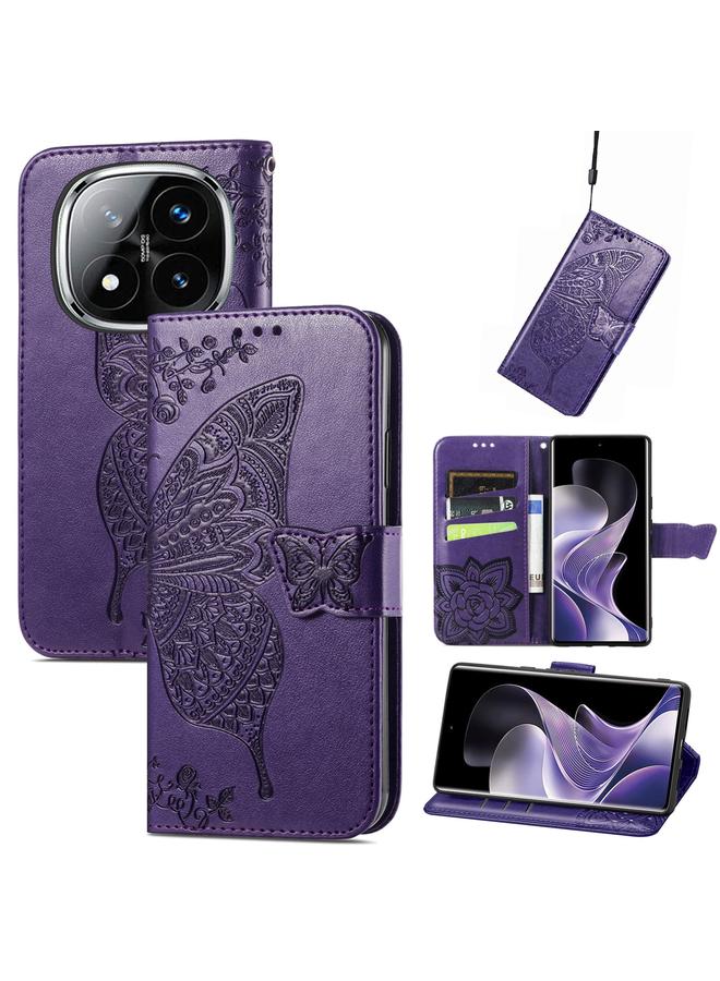 زبون جراب هاتف من الجلد المنقوش عليه زهور الحب على شكل فراشة لهاتف Xiaomi Redmi Note 14 Pro+ 5G (أرجواني)