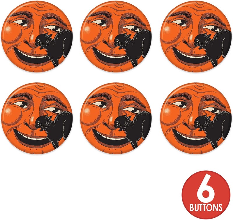 Beistle 6 Piece Vintage Halloween Party Supplies Cat  Moon Pinback Button Pins 2 OrangeBlack - Image 4