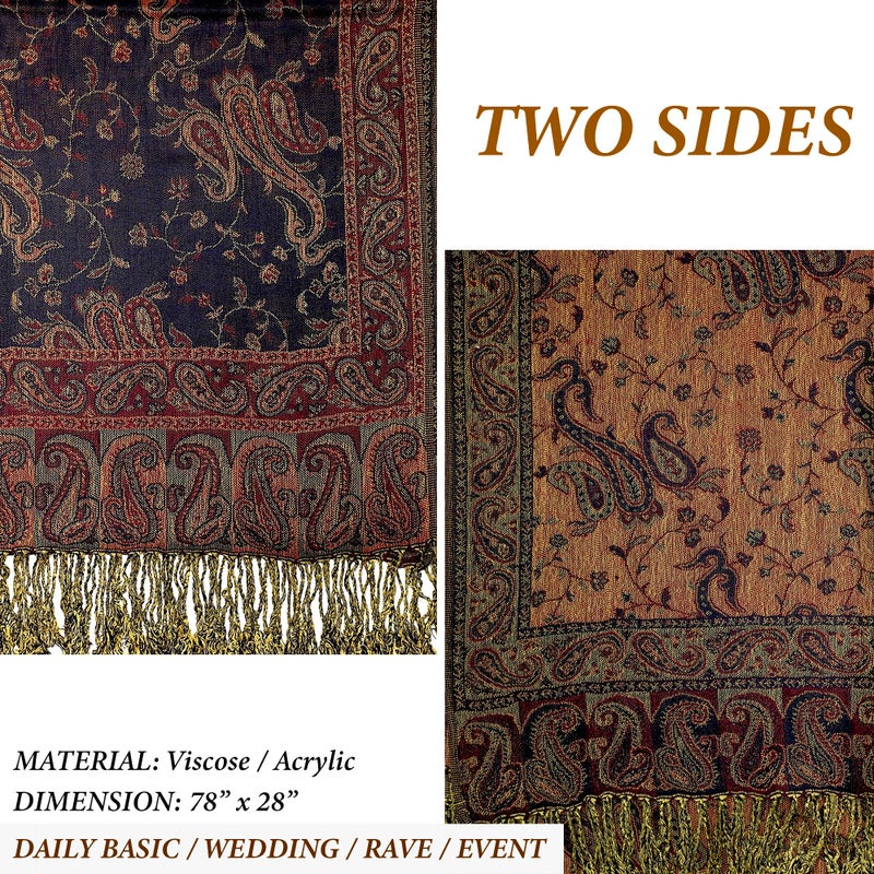Achillea Soft Silky Reversible Paisley Pashmina Shawl Wrap Scarf w/Fringes (Navy) - Image 5