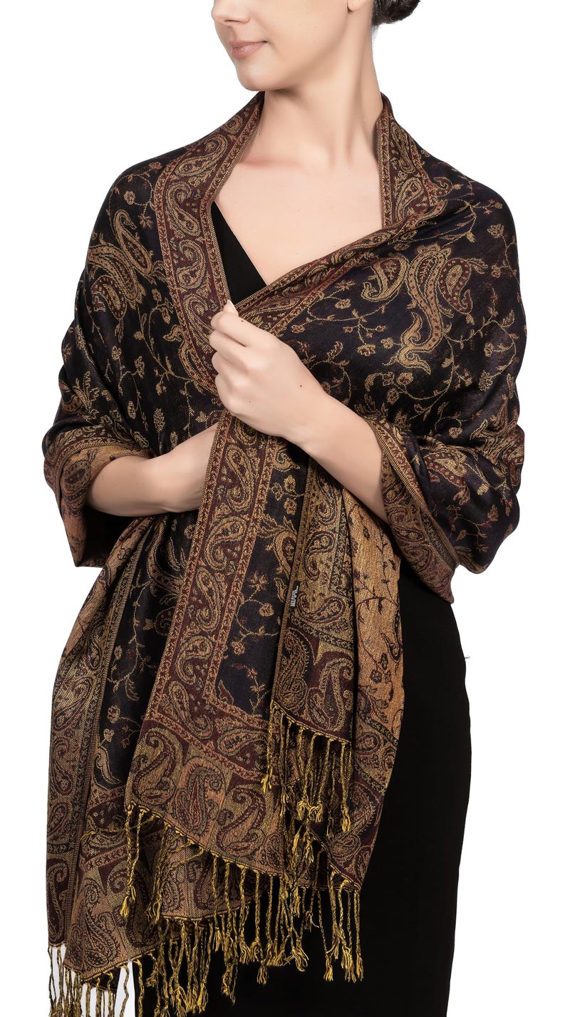 Achillea Soft Silky Reversible Paisley Pashmina Shawl Wrap Scarf w/Fringes (Navy) - Image 2