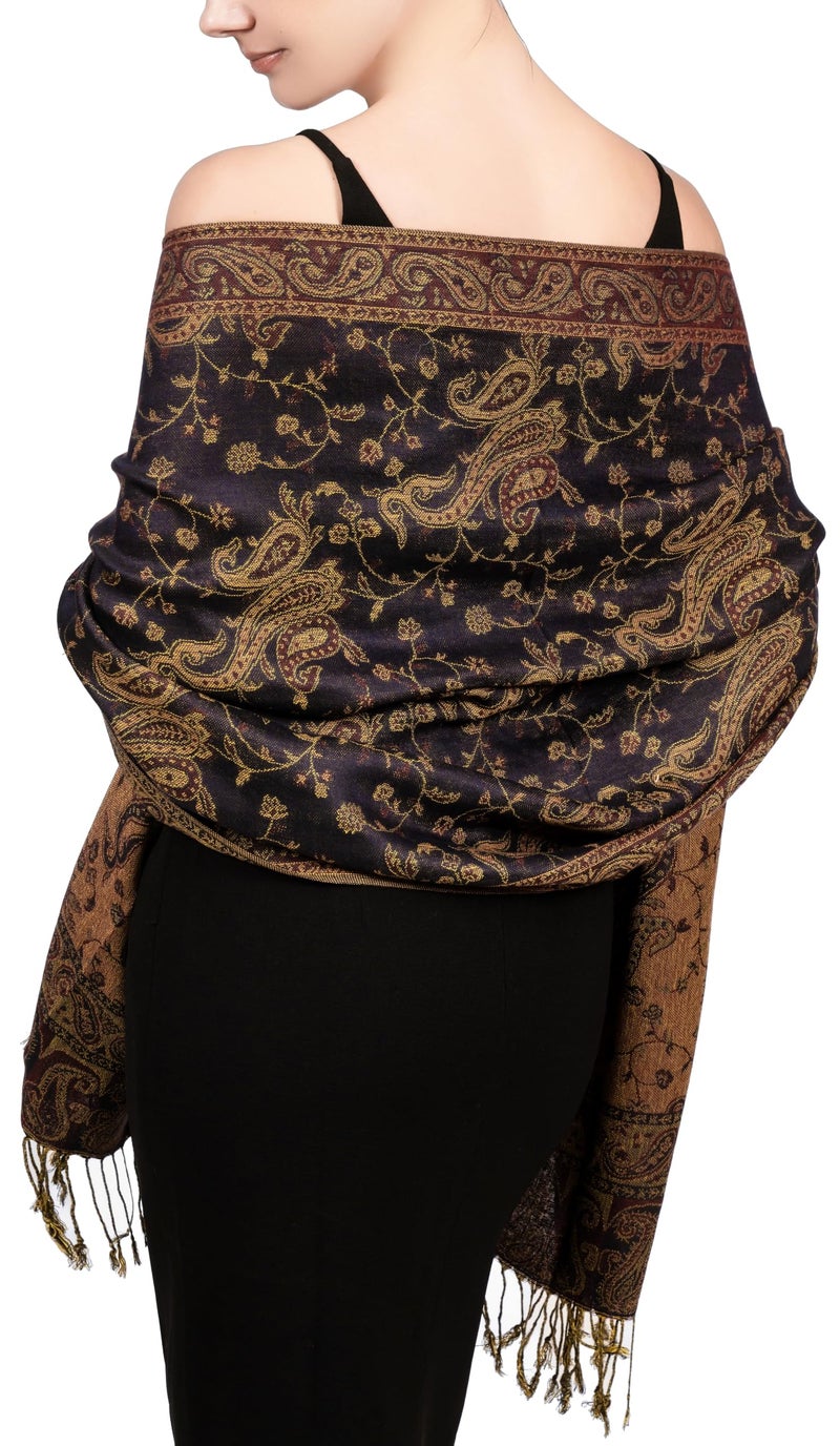 Achillea Soft Silky Reversible Paisley Pashmina Shawl Wrap Scarf w/Fringes (Navy) - Image 1
