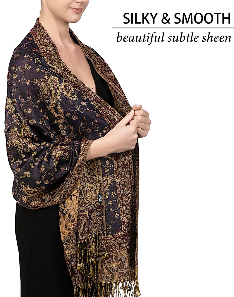 Achillea Soft Silky Reversible Paisley Pashmina Shawl Wrap Scarf w/Fringes (Navy) - Image 4