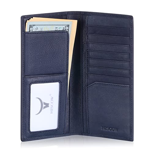 HISCOW Slim Leather Long Wallet for Men, Breast Pocket Wallet for Checkbook, Credit Cards (Aniline Leather Blue) - Image 1