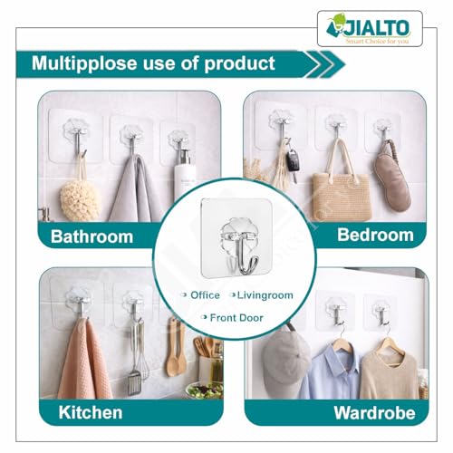 JIALTO 10 Pcs Adhesive Hooks Kitchen Wall Hooks-Heavy Duty 5 Kg (Max) Nail Free Sticky Hangers with Stainless Hooks Reusable Utility Towel Bath Ceiling Hooks - Image 5