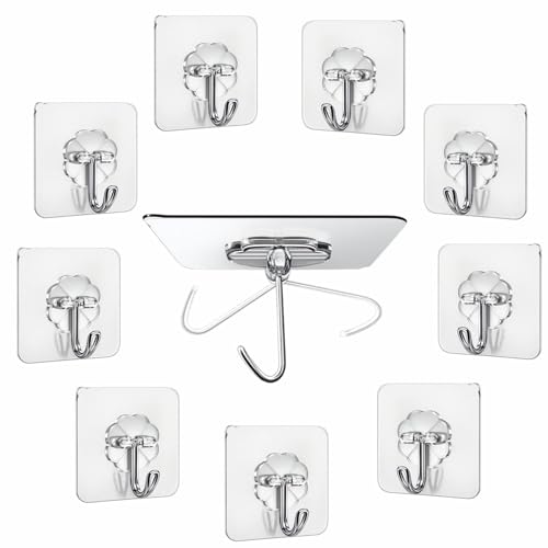 JIALTO 10 Pcs Adhesive Hooks Kitchen Wall Hooks-Heavy Duty 5 Kg (Max) Nail Free Sticky Hangers with Stainless Hooks Reusable Utility Towel Bath Ceiling Hooks - Image 1