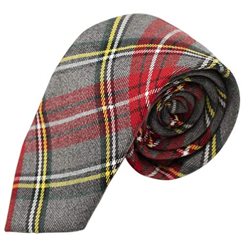 King & Priory Traditional Light Grey & Red Tartan Tie, Check, Plaid, Necktie - Image 1