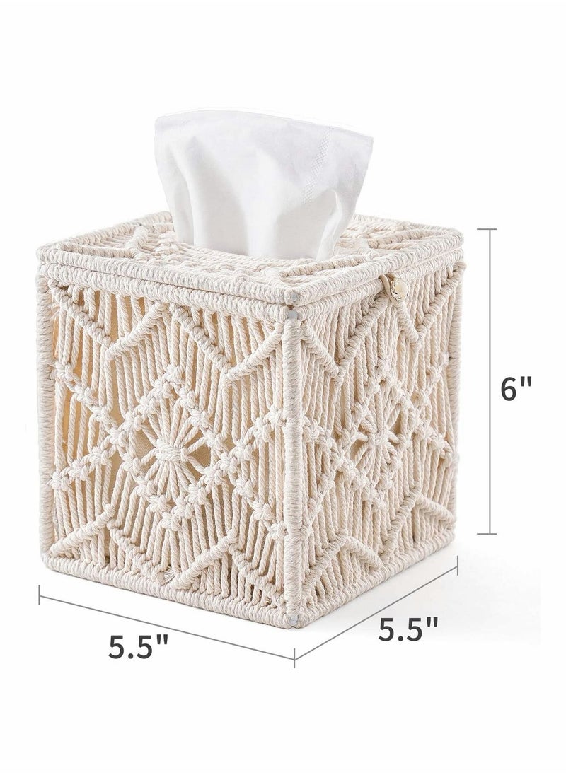 KASTWAVE - Square Tissue Box Cover, Boho Decor Square Paper Tissue Holder with Bead Buckle Macrame - Image 1