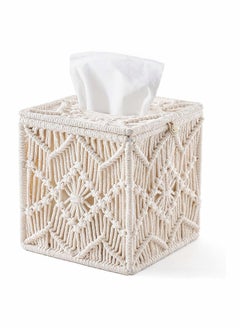 Square Tissue Box Cover, Boho Decor Square Paper Tissue Holder with Bead Buckle Macrame