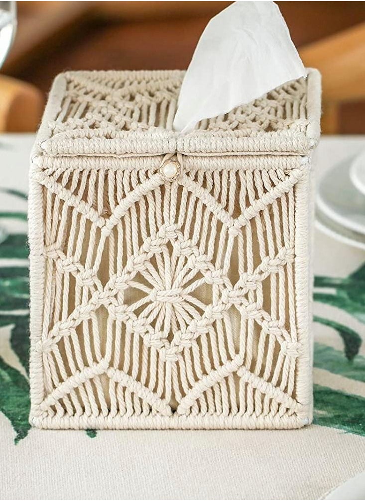 KASTWAVE - Square Tissue Box Cover, Boho Decor Square Paper Tissue Holder with Bead Buckle Macrame - Image 1
