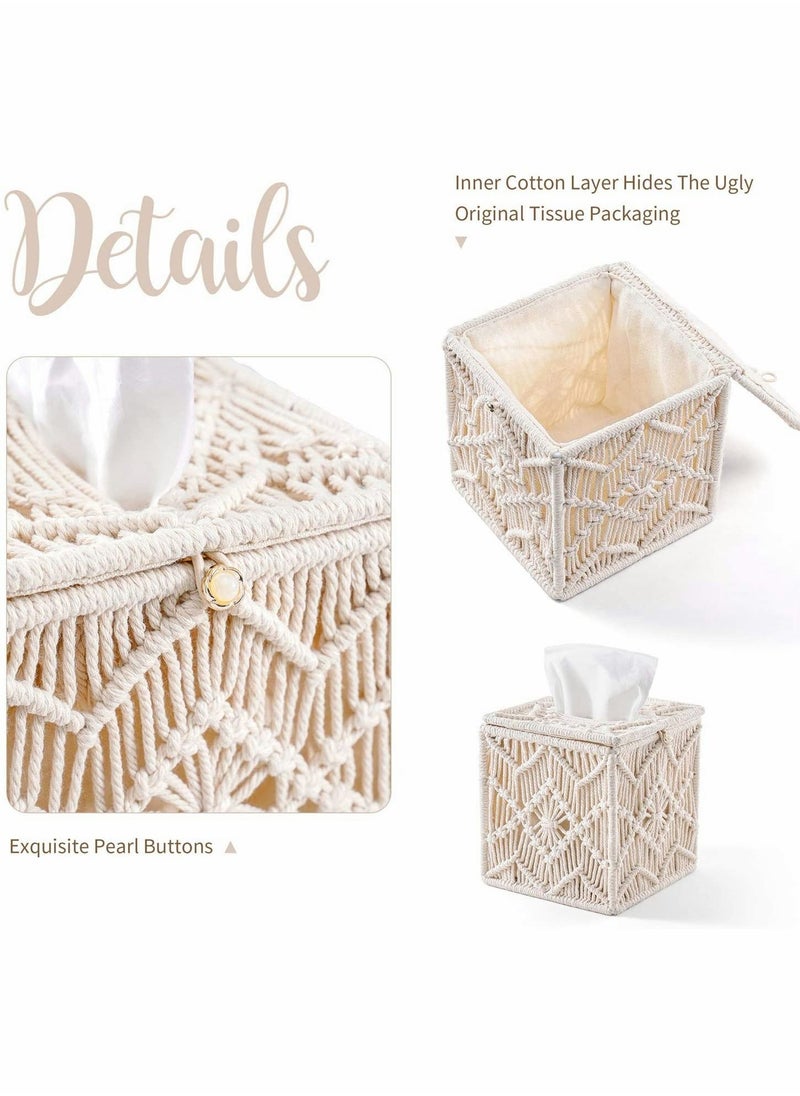 KASTWAVE - Square Tissue Box Cover, Boho Decor Square Paper Tissue Holder with Bead Buckle Macrame - Image 1