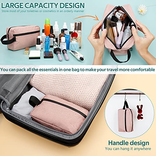 FUNSEED Travel Toiletry Bag for Women and Men, Water-resistant Shaving Bag for Toiletries Accessories, Foldable Storage Bags with Divider and Handle for Cosmetics Toiletries Brushes Tools (Pink) - Image 3