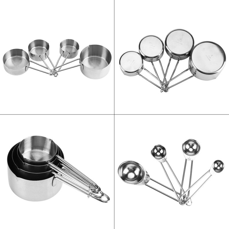 Stainless Steel Measuring Cups: 4pcs Cups 4pcs Spoons, Corrosion-Resistant Easy Clean, Measuring Spoons Kit - Long Handle Heat Protection, Durable Measuring Tools for Home Kitchen Baking Coffee Milk M - Image 1