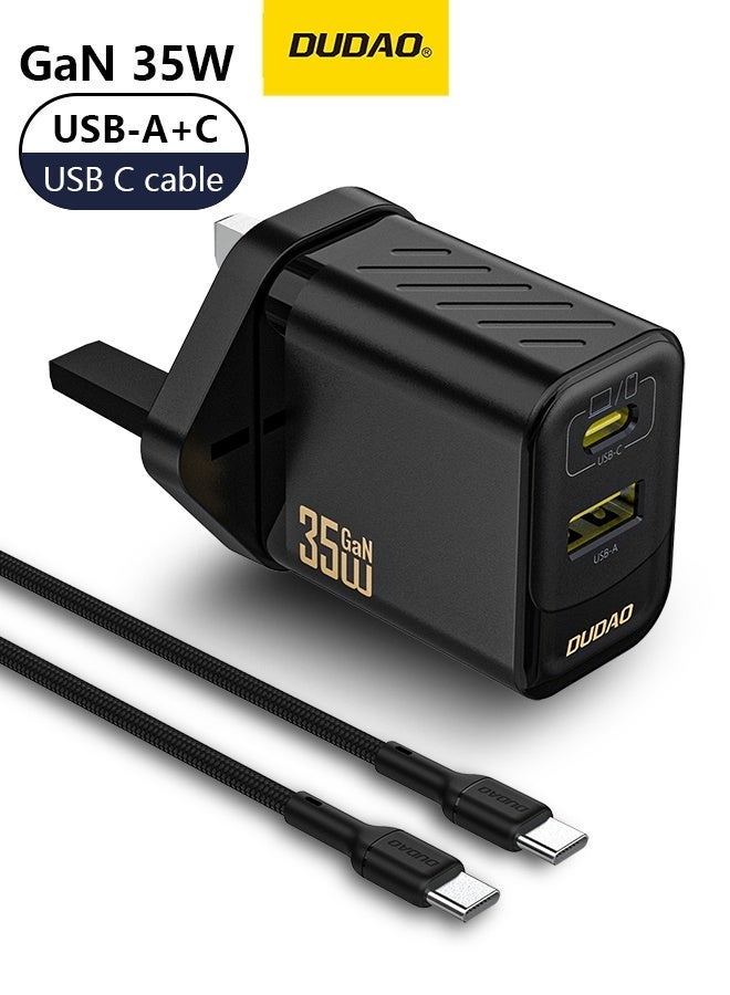دوداو شاحن GaN سريع 35W USB-C مع كابل Type-C – محول طاقة مزدوج المنفذ PD & QC، شحن بدرجة حرارة منخفضة، نظام حماية من 9 طبقات، شاحن جداري مدمج لأجهزة iPhone و Samsung و iPad و MacBook و Switch والمزيد - Image 1