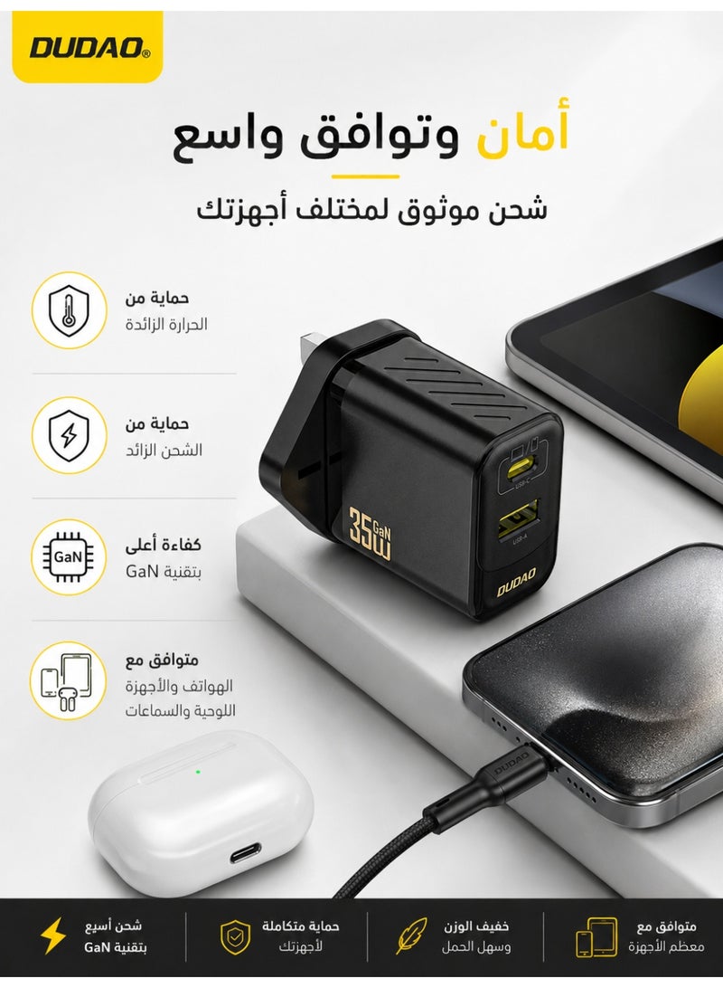 دوداو شاحن GaN سريع 35W USB-C مع كابل Type-C – محول طاقة مزدوج المنفذ PD & QC، شحن بدرجة حرارة منخفضة، نظام حماية من 9 طبقات، شاحن جداري مدمج لأجهزة iPhone و Samsung و iPad و MacBook و Switch والمزيد - Image 3