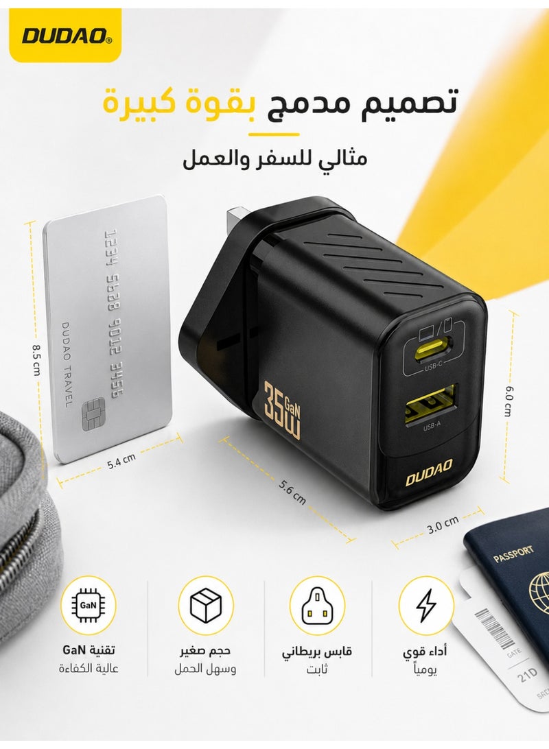 دوداو شاحن GaN سريع 35W USB-C مع كابل Type-C – محول طاقة مزدوج المنفذ PD & QC، شحن بدرجة حرارة منخفضة، نظام حماية من 9 طبقات، شاحن جداري مدمج لأجهزة iPhone و Samsung و iPad و MacBook و Switch والمزيد - Image 5