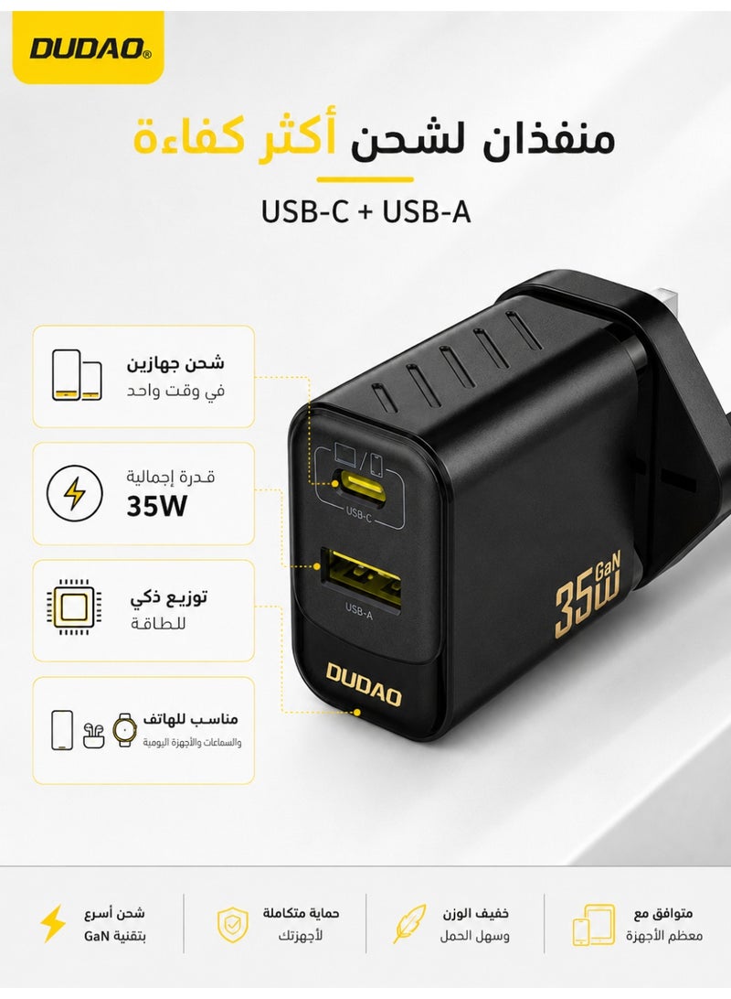 دوداو شاحن GaN سريع 35W USB-C مع كابل Type-C – محول طاقة مزدوج المنفذ PD & QC، شحن بدرجة حرارة منخفضة، نظام حماية من 9 طبقات، شاحن جداري مدمج لأجهزة iPhone و Samsung و iPad و MacBook و Switch والمزيد - Image 4