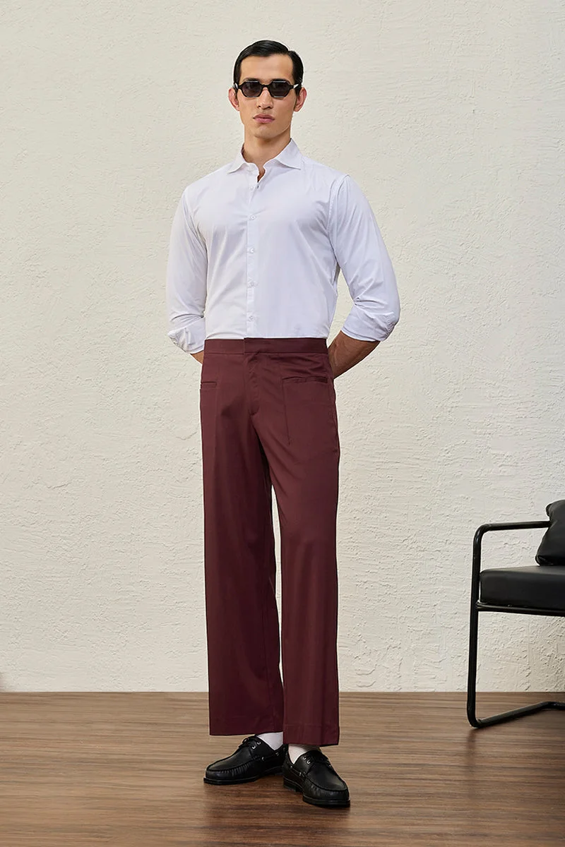 SNITCH Burgundy Solid Wide Fit Formal Trousers