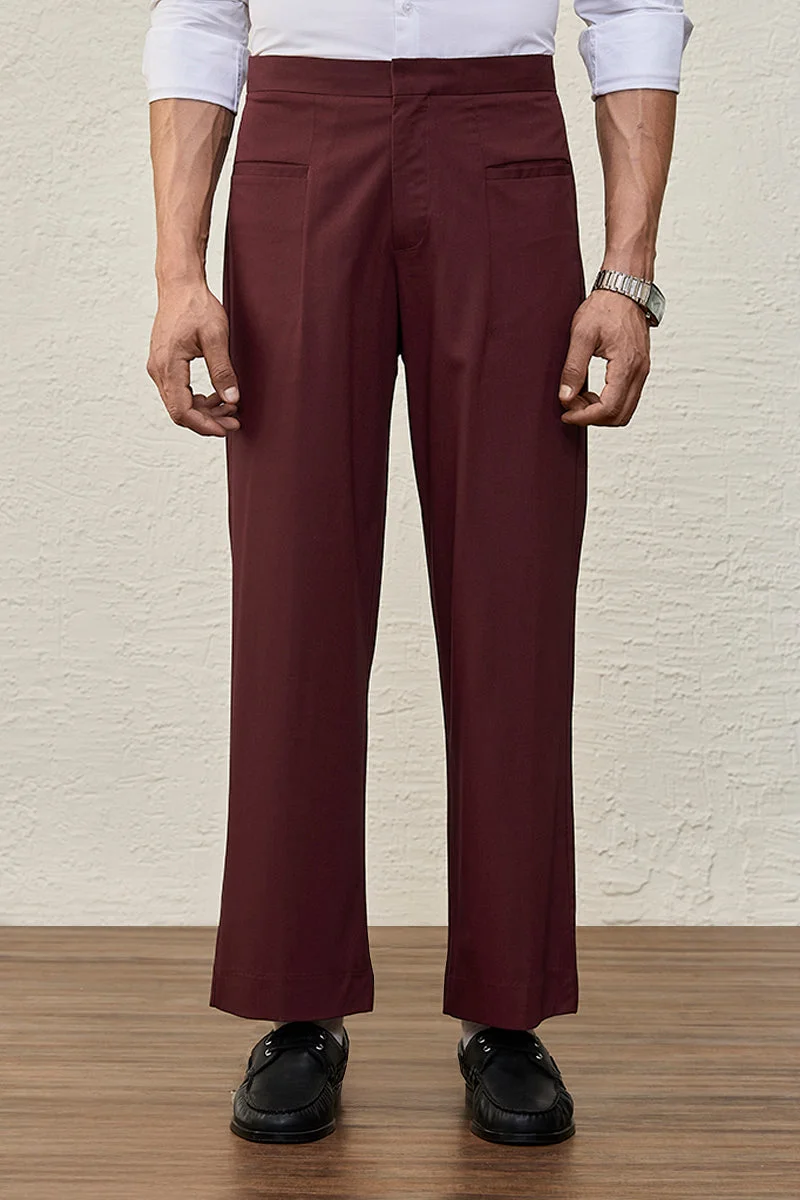 SNITCH Burgundy Solid Wide Fit Formal Trousers