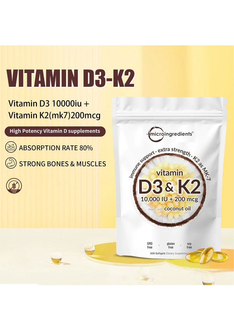 مايكرو إنجريدينتس فيتامين D3 10000 وحدة دولية 10000 وحدة دولية بالإضافة إلى K2 MK 7 200 ميكروغرام 300 كبسولات زيت جوز الهند البكر 2 في 1 فيتامينات D K المركب يدعم امتصاص الكالسيوم صحة القلب المناعية والعظام سهل البلع - Image 3