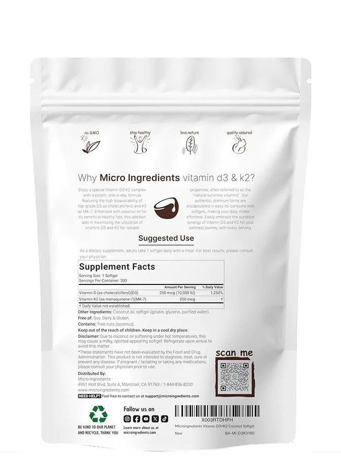 مايكرو إنجريدينتس فيتامين D3 10000 وحدة دولية 10000 وحدة دولية بالإضافة إلى K2 MK 7 200 ميكروغرام 300 كبسولات زيت جوز الهند البكر 2 في 1 فيتامينات D K المركب يدعم امتصاص الكالسيوم صحة القلب المناعية والعظام سهل البلع - Image 2
