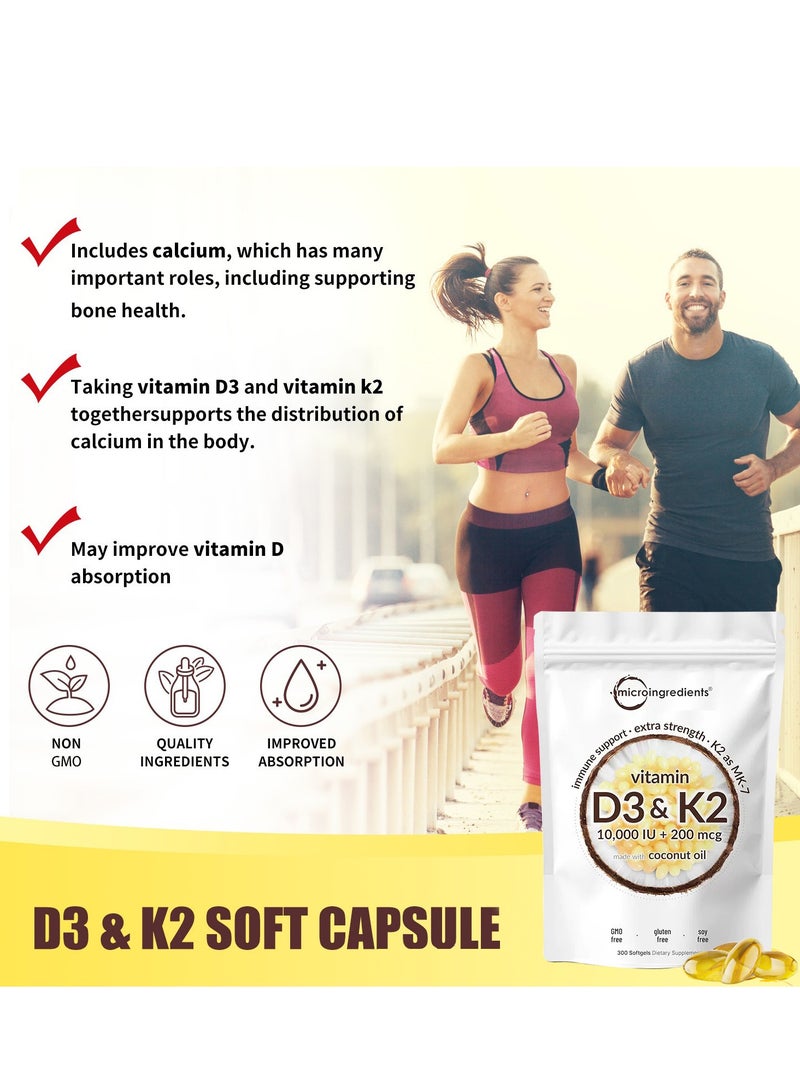 مايكرو إنجريدينتس فيتامين D3 10000 وحدة دولية 10000 وحدة دولية بالإضافة إلى K2 MK 7 200 ميكروغرام 300 كبسولات زيت جوز الهند البكر 2 في 1 فيتامينات D K المركب يدعم امتصاص الكالسيوم صحة القلب المناعية والعظام سهل البلع - Image 4