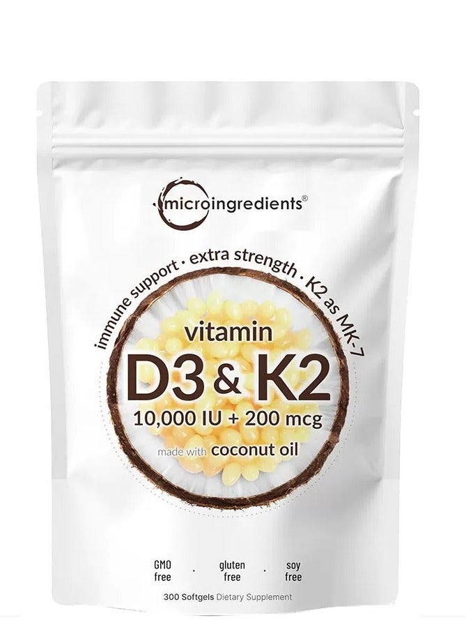 مايكرو إنجريدينتس فيتامين D3 10000 وحدة دولية 10000 وحدة دولية بالإضافة إلى K2 MK 7 200 ميكروغرام 300 كبسولات زيت جوز الهند البكر 2 في 1 فيتامينات D K المركب يدعم امتصاص الكالسيوم صحة القلب المناعية والعظام سهل البلع - Image 1