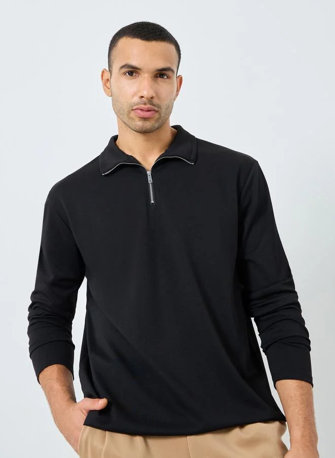 Styli Styli Men Black Textured Quarter Zip Sweatshirt