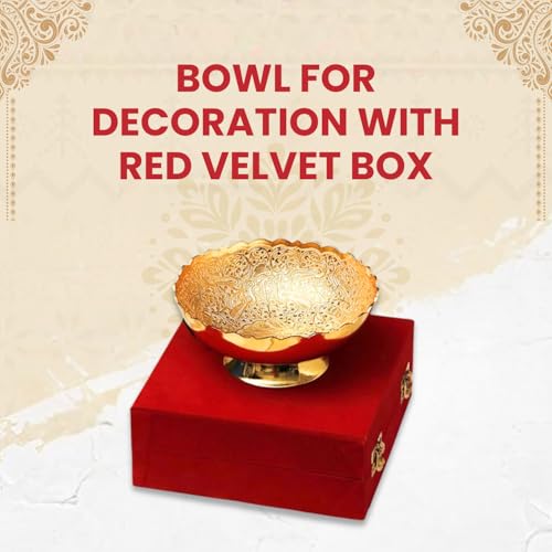 Piepot Bowl for Decoration with Red Velvet Box | Bowl for Puja, Serving and Gifting| Brass Items | Peacock Embossed Design | Gifting Items | Multipurpose Use - 300ml - Image 2