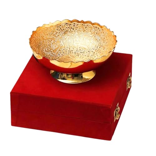 Piepot Bowl for Decoration with Red Velvet Box | Bowl for Puja, Serving and Gifting| Brass Items | Peacock Embossed Design | Gifting Items | Multipurpose Use - 300ml - Image 1