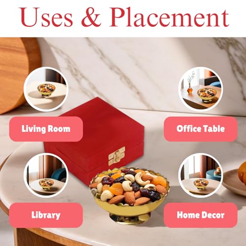 Piepot Bowl for Decoration with Red Velvet Box | Bowl for Puja, Serving and Gifting| Brass Items | Peacock Embossed Design | Gifting Items | Multipurpose Use - 300ml - Image 3
