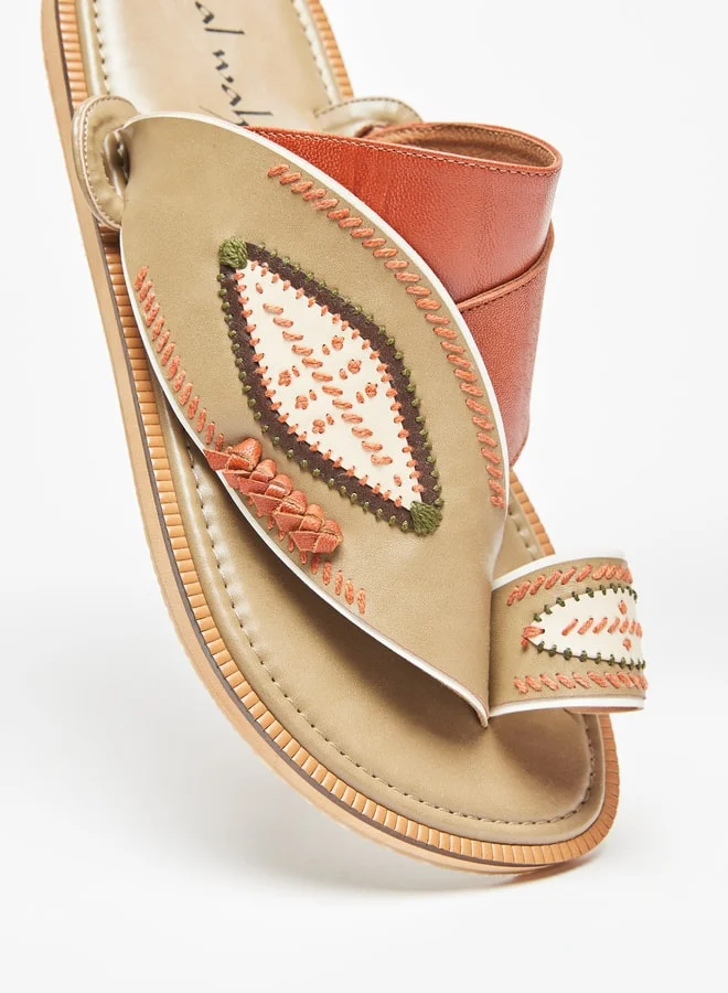 Al Waha Men Embroidered Slip-On Arabic Sandals with Toe Loop Detail
