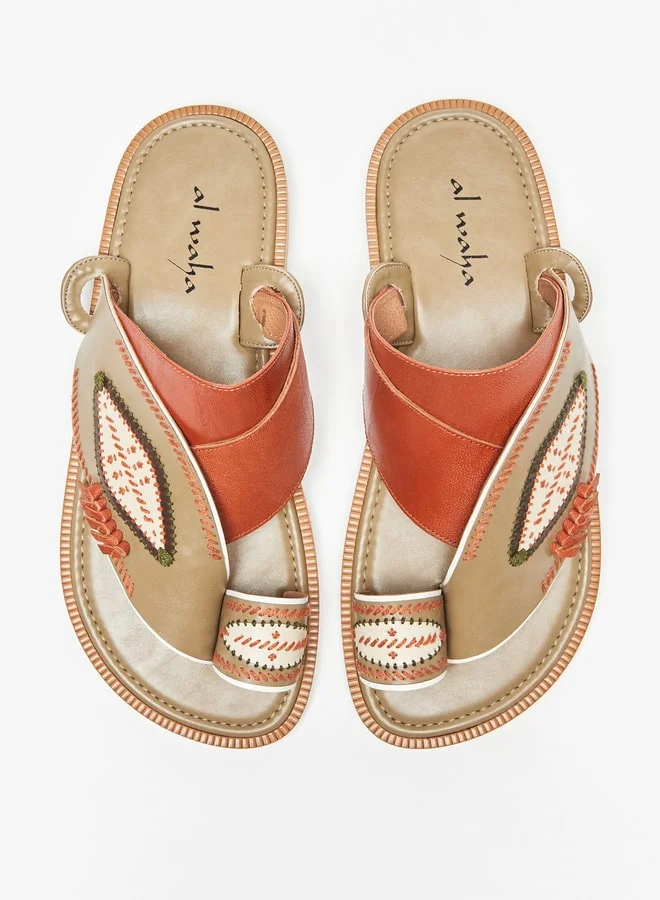 Al Waha Men Embroidered Slip-On Arabic Sandals with Toe Loop Detail