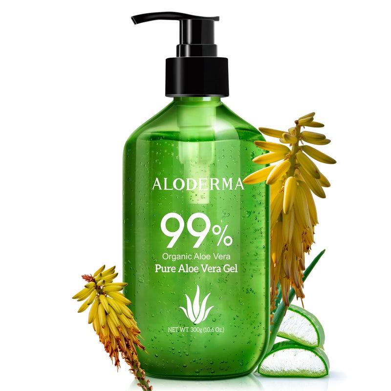 Aloderma جل الألوة فيرا العضوي 99% من ألودرما مصنوع خلال 12 ساعة من الحصاد - جل ألوة خفيف وغير لزج للوجه والجسم والشعر وفروة الرأس، لتخفيف آثار الشمس، جل ألوة مهدئ ومرطب طبيعي، 10.6 أونصة - Image 1