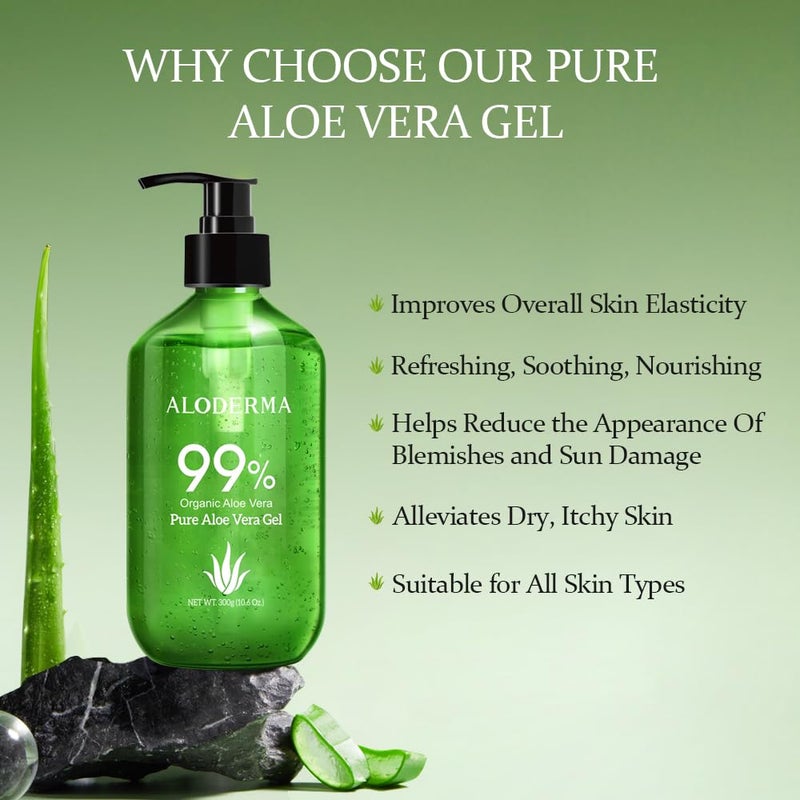 Aloderma جل الألوة فيرا العضوي 99% من ألودرما مصنوع خلال 12 ساعة من الحصاد - جل ألوة خفيف وغير لزج للوجه والجسم والشعر وفروة الرأس، لتخفيف آثار الشمس، جل ألوة مهدئ ومرطب طبيعي، 10.6 أونصة - Image 3