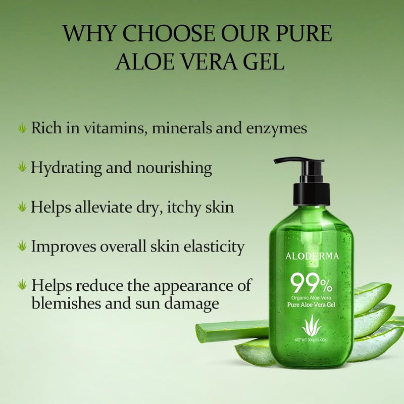 Aloderma جل الألوة فيرا العضوي 99% من ألودرما مصنوع خلال 12 ساعة من الحصاد - جل ألوة خفيف وغير لزج للوجه والجسم والشعر وفروة الرأس، لتخفيف آثار الشمس، جل ألوة مهدئ ومرطب طبيعي، 10.6 أونصة - Image 2